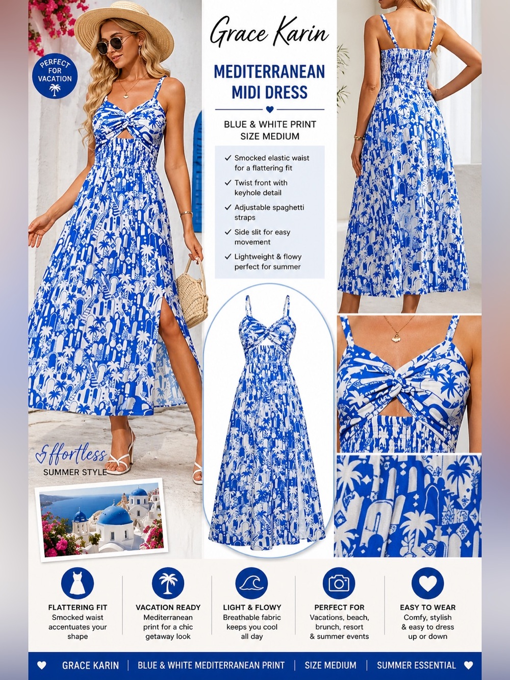 Grace Karin Blue White Midi Dress Size M Twist Front Smocked Summer Vacation - Picture 4 of 5